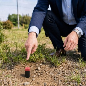 メジャーと公図で敷地の境界を確認している様子